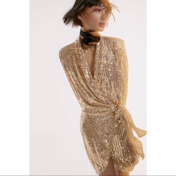 Zara Gold Sequin Short Wrap Mini Dress - Picture 1 of 15